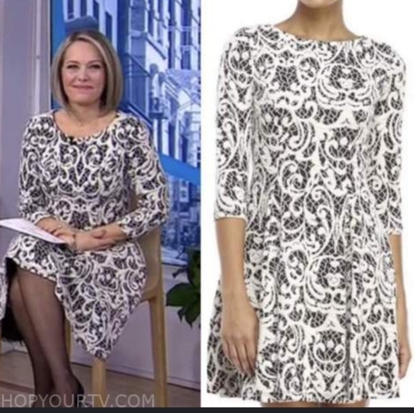 Eliza J black/ white Scroll knit fit And flare Office Siren career dress Sz 8P - Picture 1 of 10